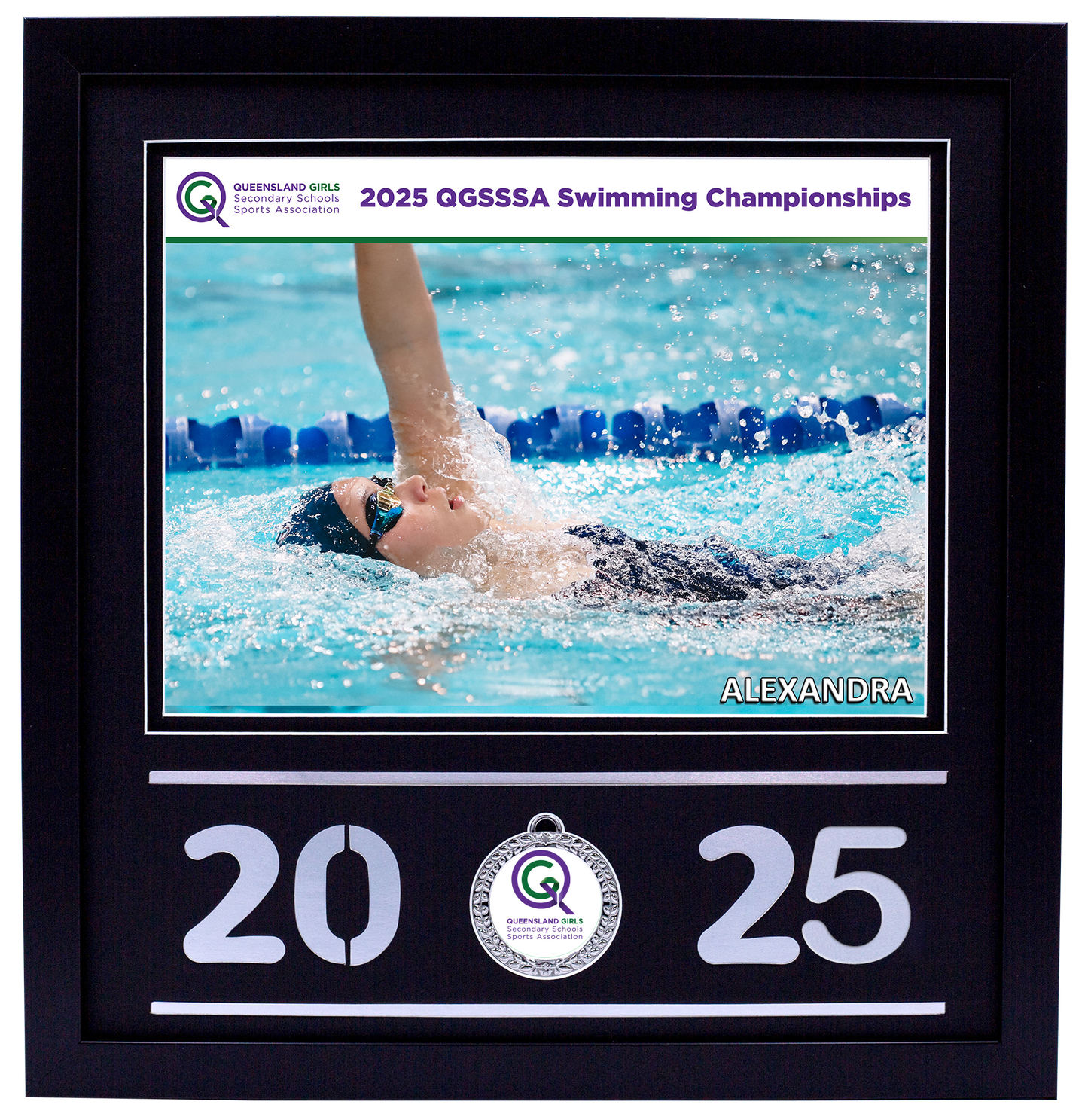 2025 QGSSSA Swimming Champs Black Medal Shots Frame