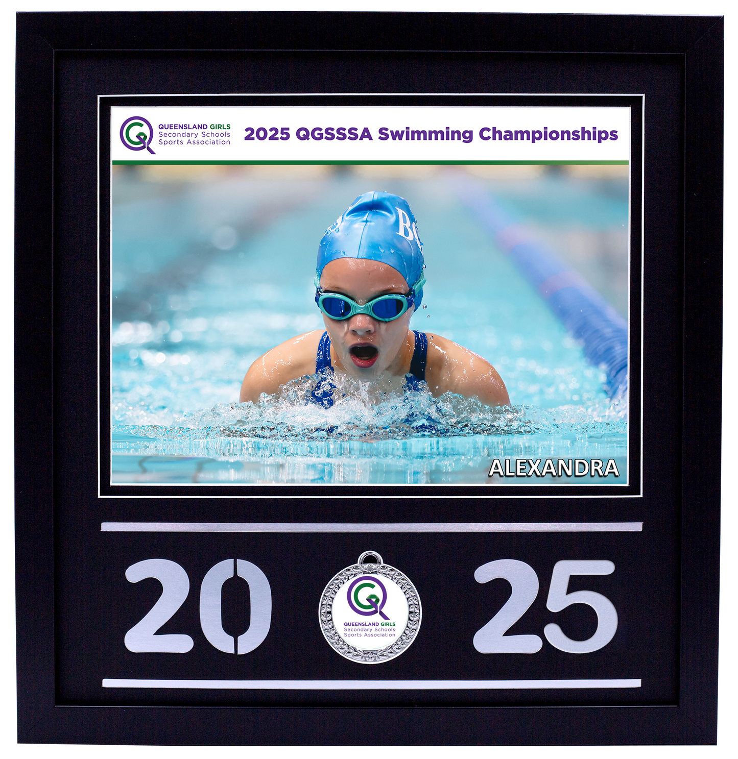 2025 QGSSSA Swimming Champs Black Medal Shots Frame