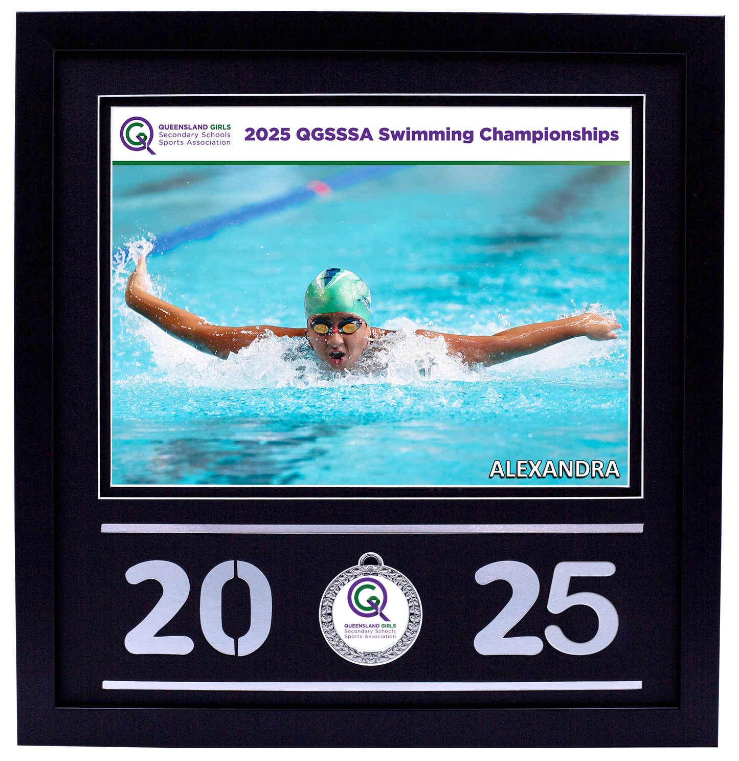 2025 QGSSSA Swimming Champs Black Medal Shots Frame